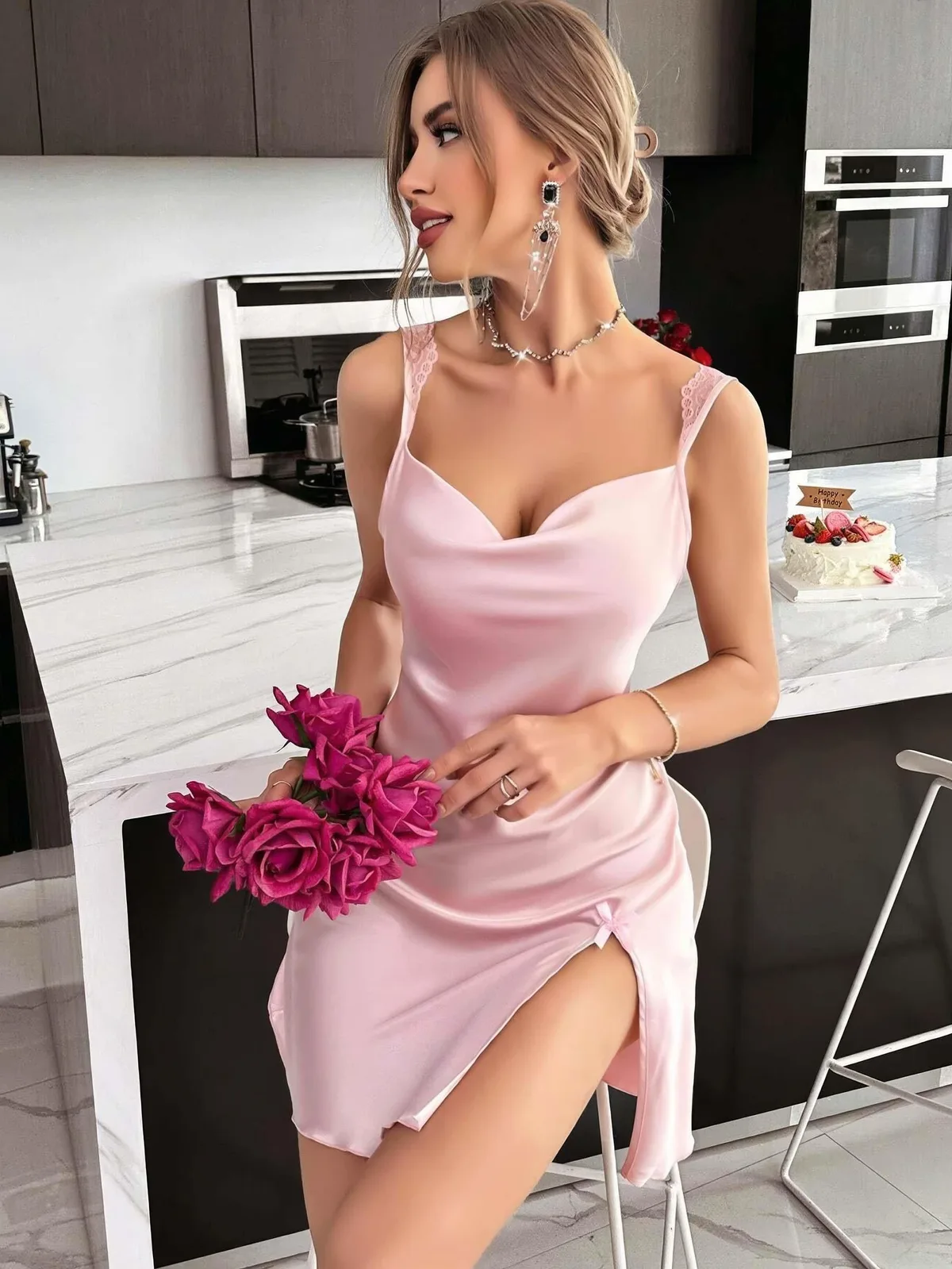 Nuvelle Pudra Pembe Saten Gecelik
