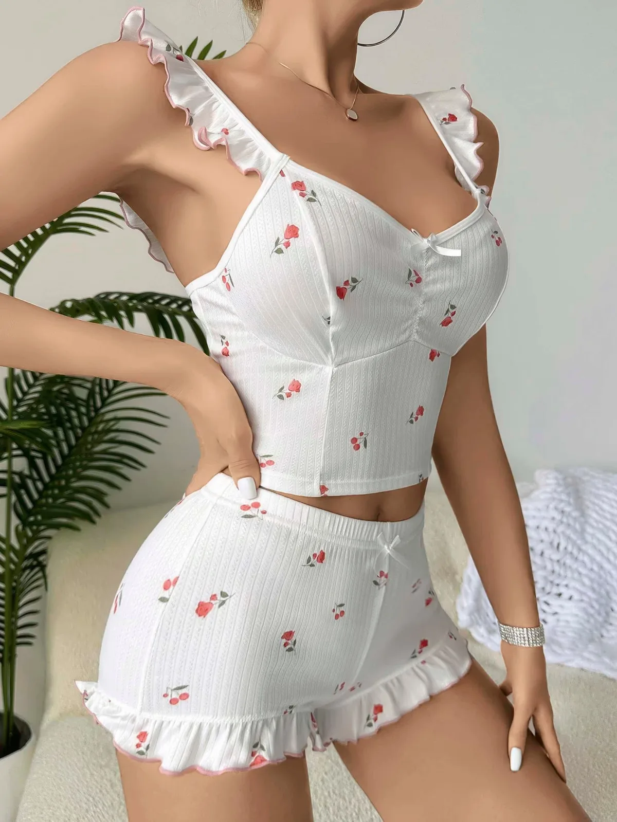 Nuvelle White Rose & Cherry Print Shorts Pyjama Set