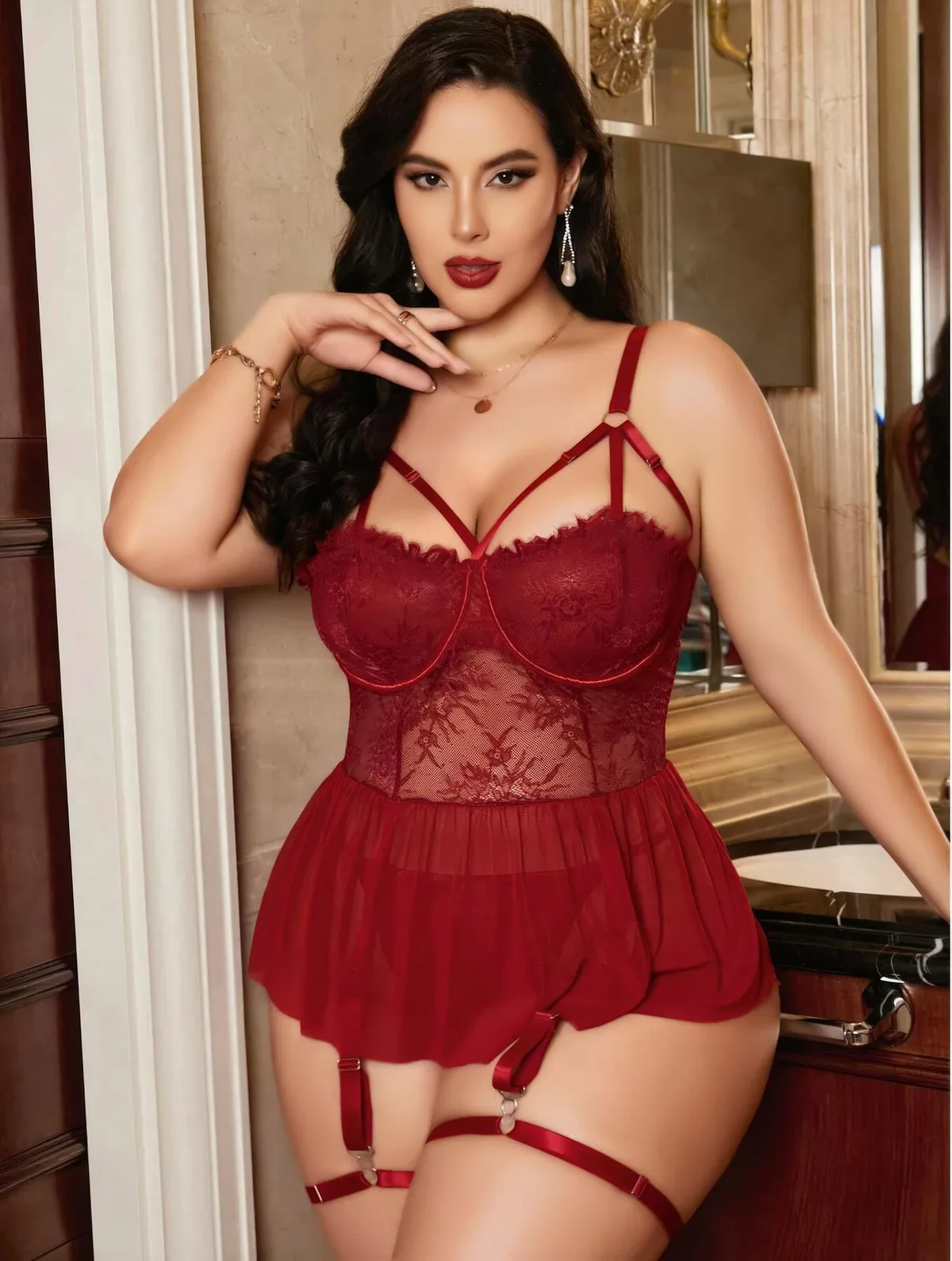 Nuvelle Burgundy Lace Nightdress Set