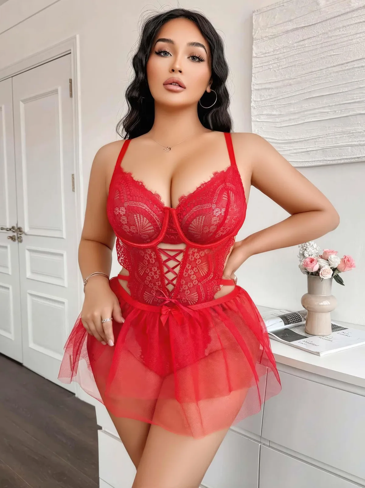 Nuvelle Red Lace Tulle Plus Size Nightdress