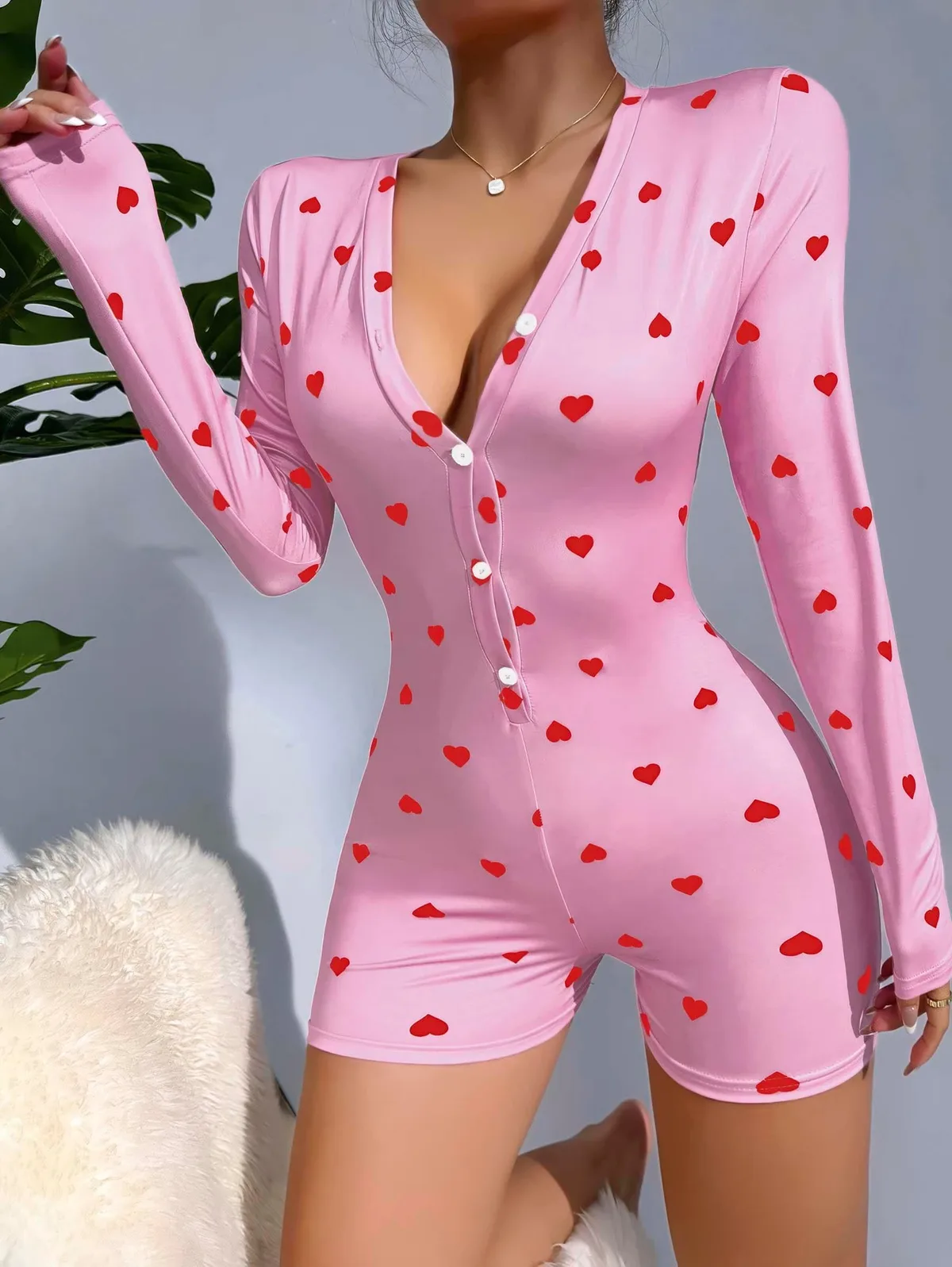 Nuvelle Pembe Kalp Desenli Pijama Tulumu