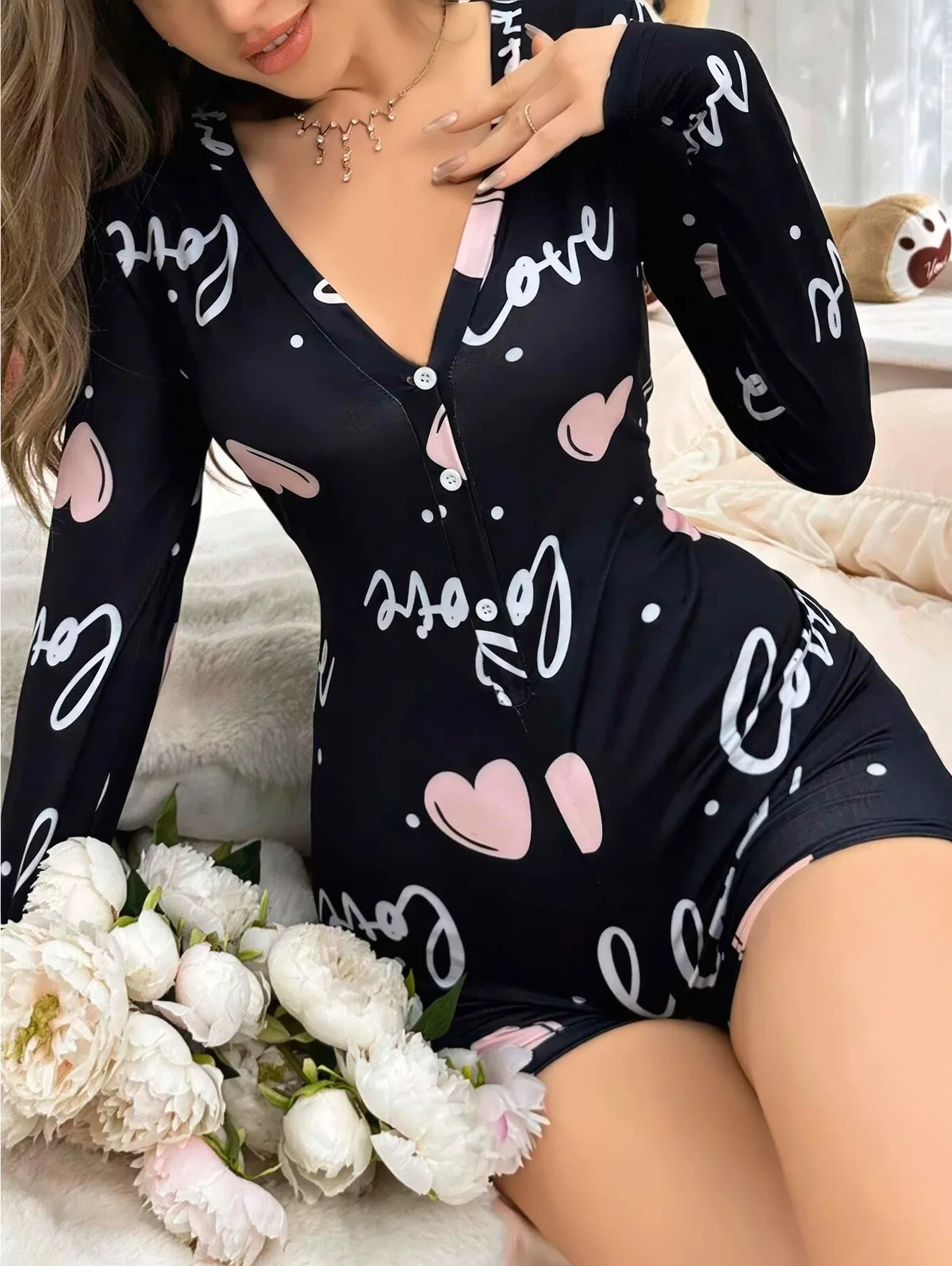 Nuvelle Siyah Kalp Desenli Pijama Tulumu