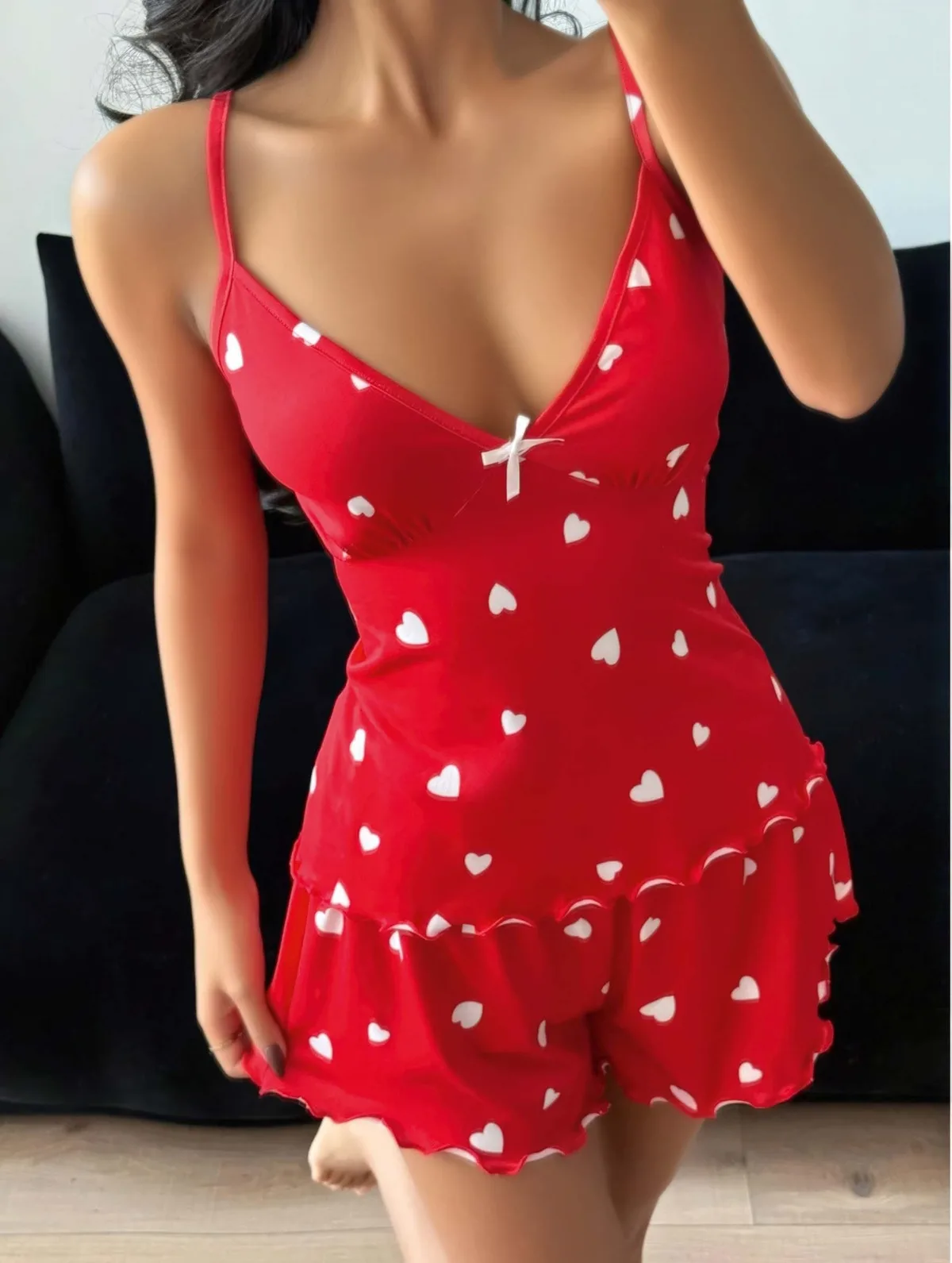 Nuvelle Kırmızı Kalp Desenli Şortlu Pijama Takımı