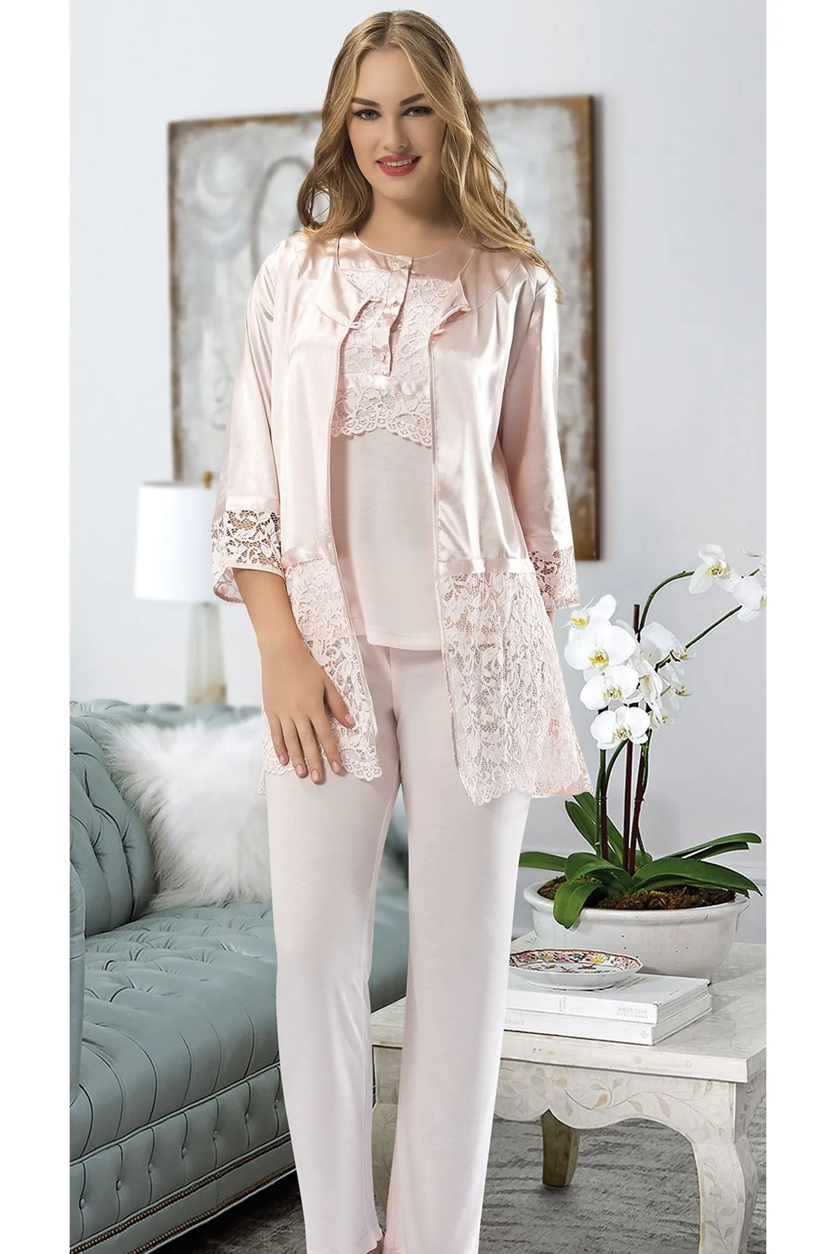 Nuvelle Pudra Penye Sabahlıklı Pijama Takımı