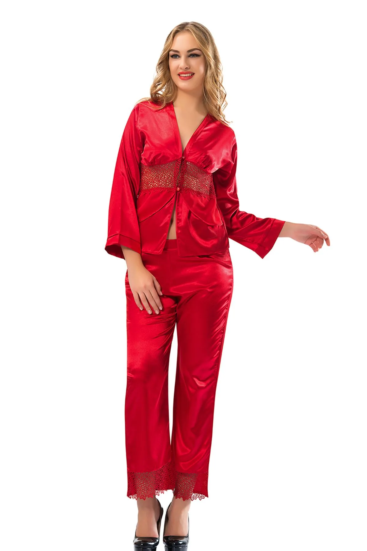Nuvelle Kırmızı Saten Pijama Takımı
