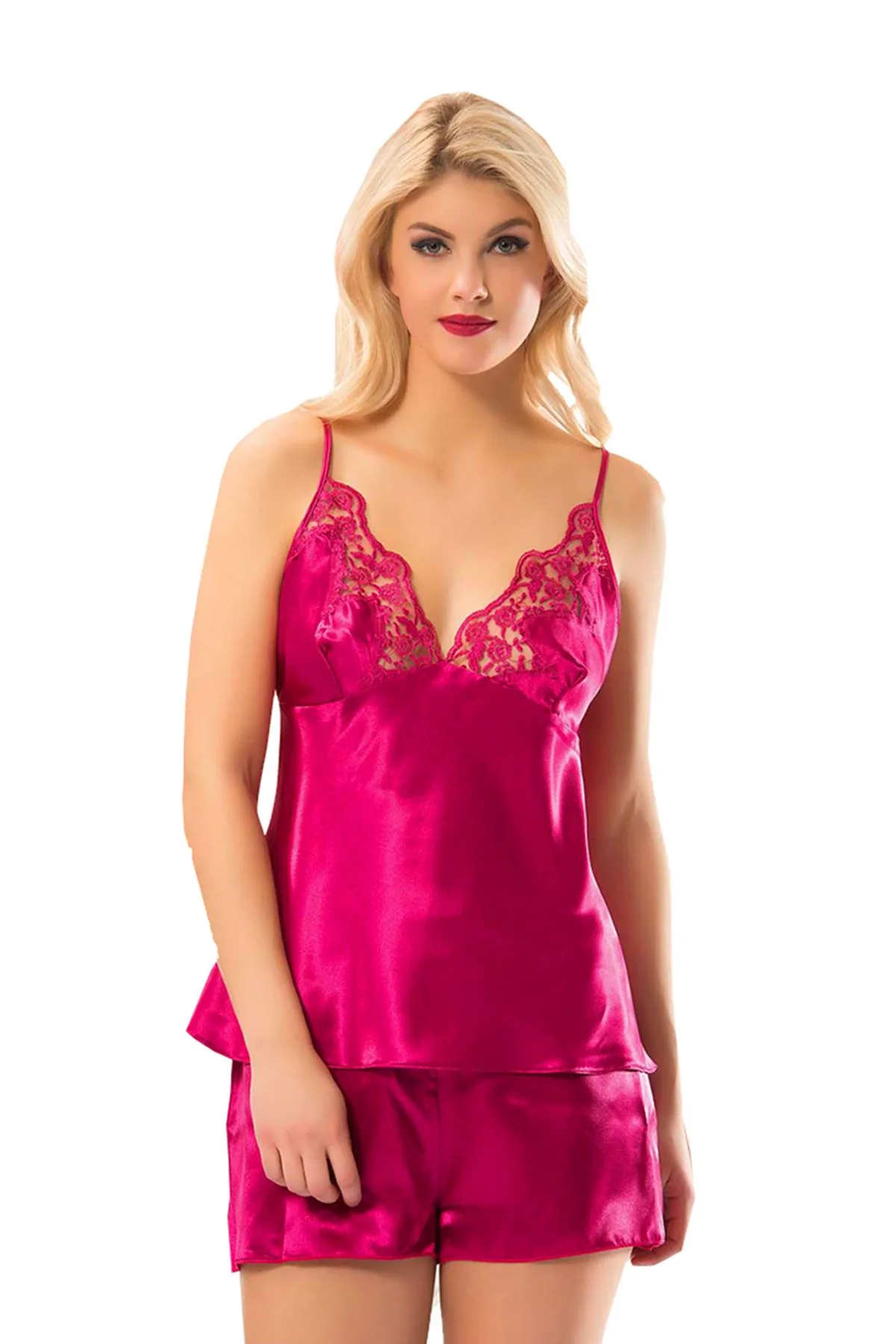 Nuvelle Fuşya Saten Babydoll Şortlu Takım